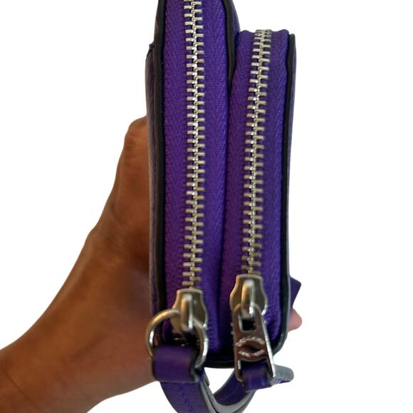 Coach Pebble Leather Deep Purple Double Accordion Zip Wallet w/ Wrist Strap - Picture 7 of 16